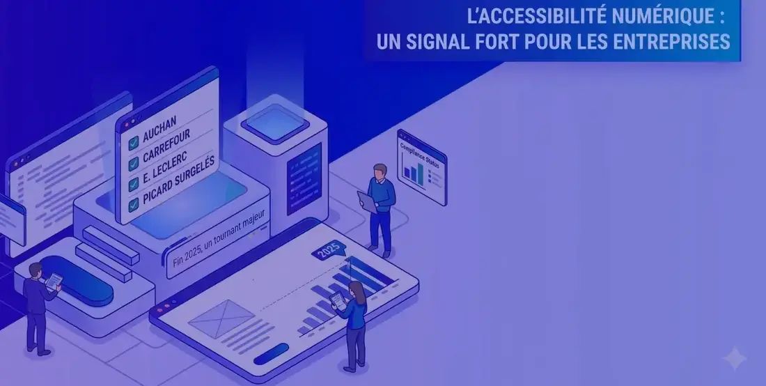 Illustration isométrique : une liste d'enseignes de la grande distribution cochées sur un écran, avec le titre L'accessibilité numérique, un signal fort pour les entreprises