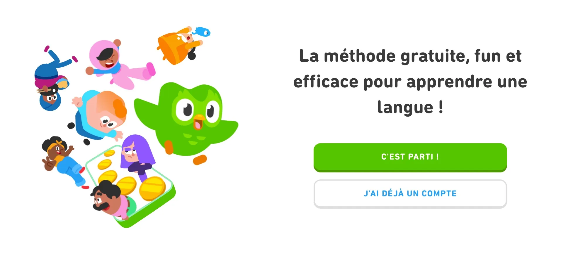 Premier écran du tunnel d'inscription Duolingo