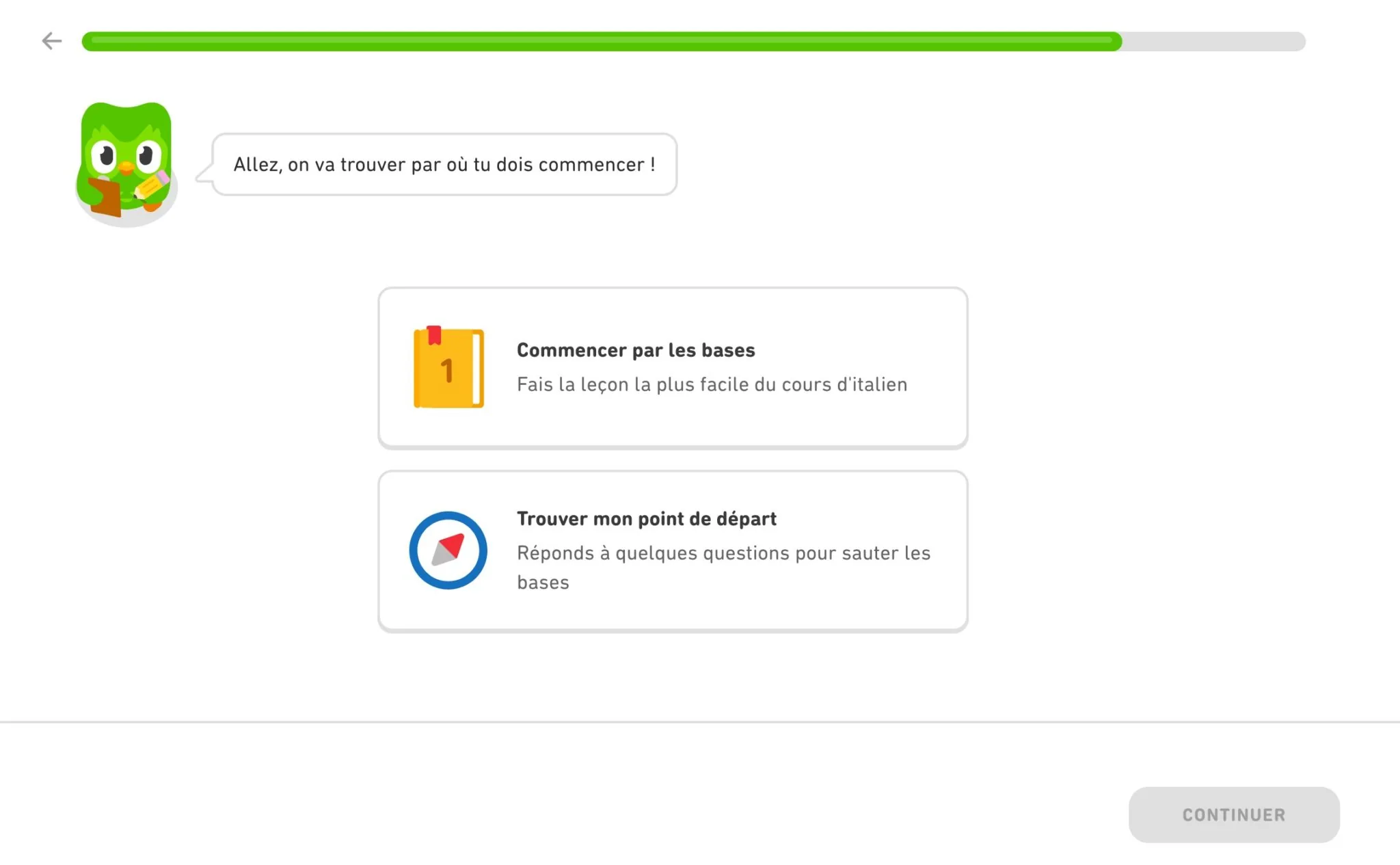 Dernier écran du tunnel d'inscription Duolingo