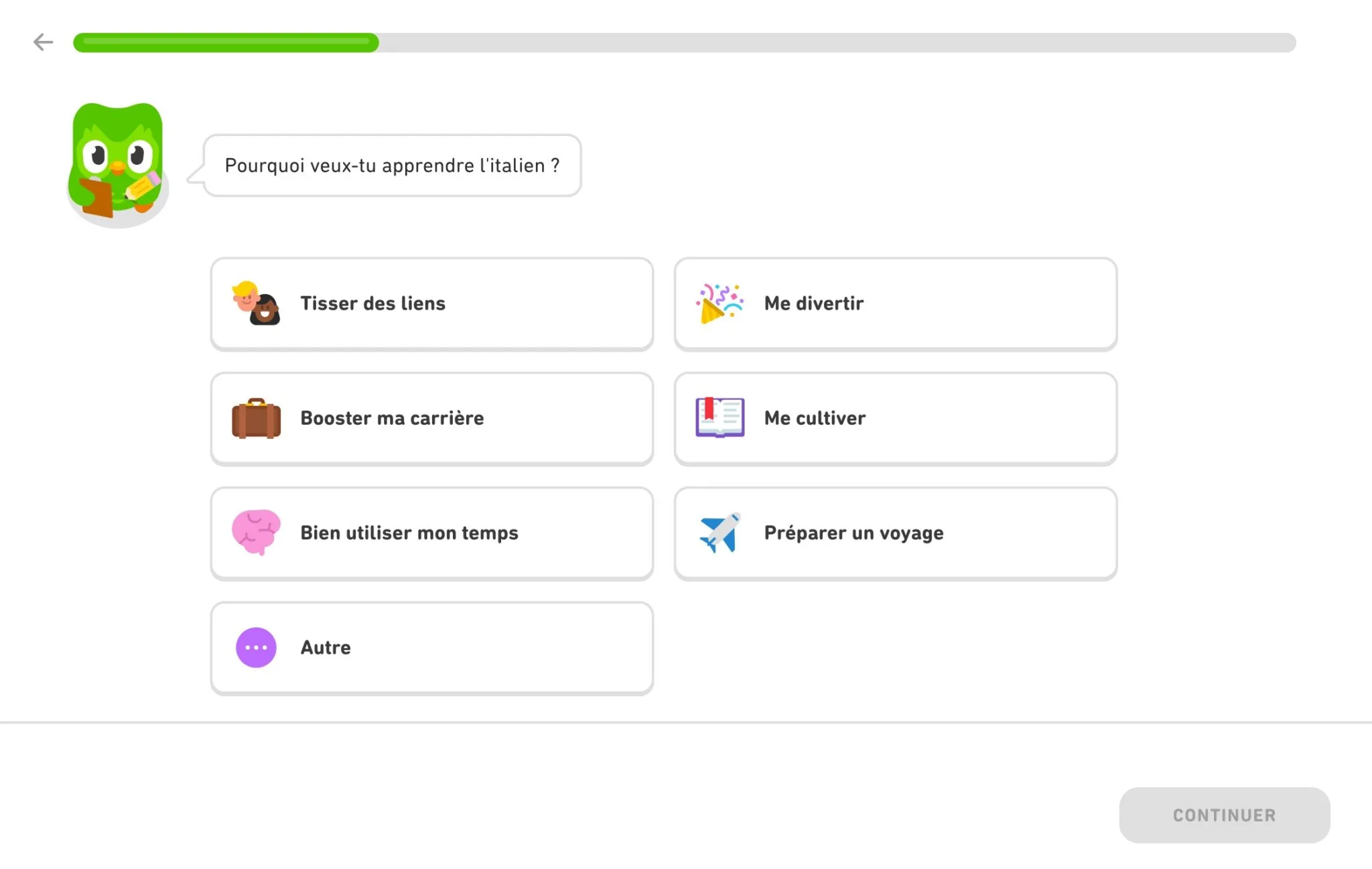 Écran de demande des objectifs utilisateur