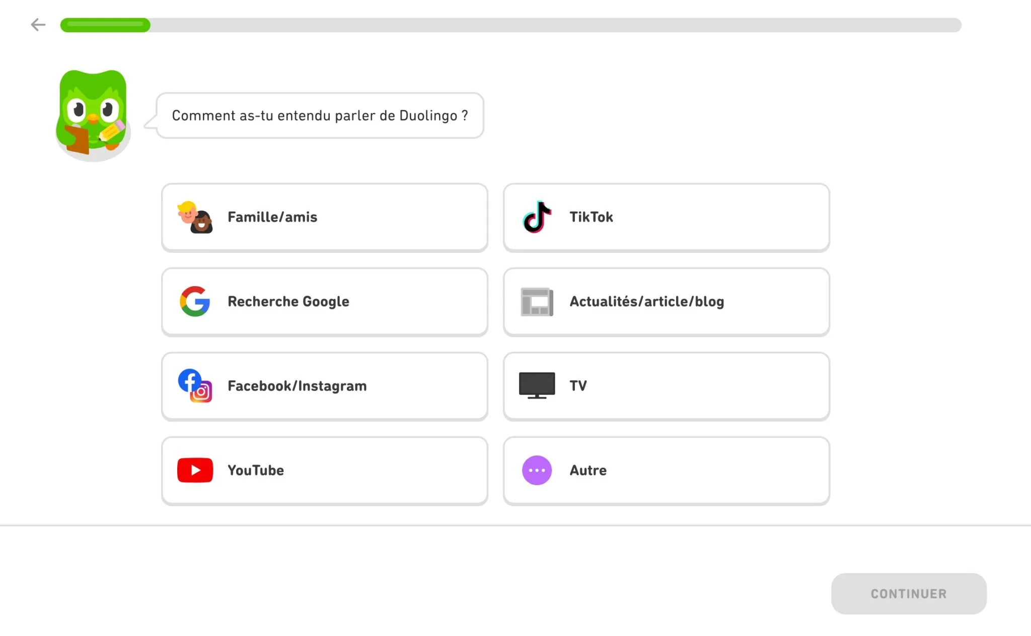 Écran de demande de la source de découverte de Duolingo