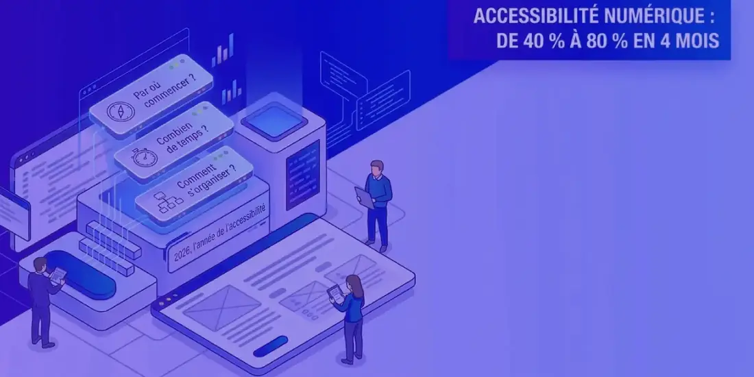Illustration isométrique : trois questions affichées sur des écrans, par où commencer, combien de temps, comment s'organiser, avec le titre Accessibilité numérique, de 40 % à 80 % en 4 mois
