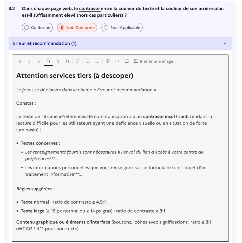 Saisie d'un constat d'audit sur le critère 3.2 relatif aux contrastes, avec la recommandation et les règles suggérées