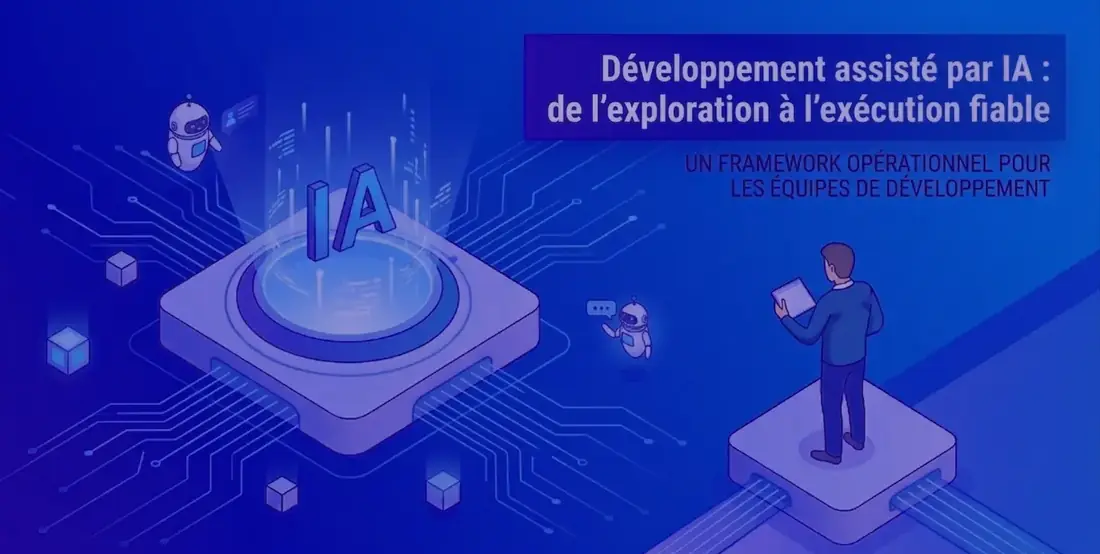 Illustration isométrique : une puce marquée IA reliée à des circuits, avec le titre Développement assisté par IA, de l'exploration à l'exécution fiable